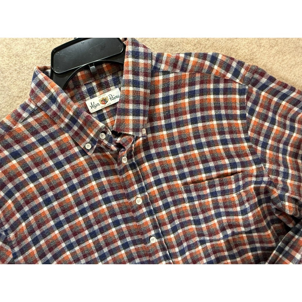Alan Paine Mens Orange Blue Plaid Flannel Button Down Shirt Cotton Large England